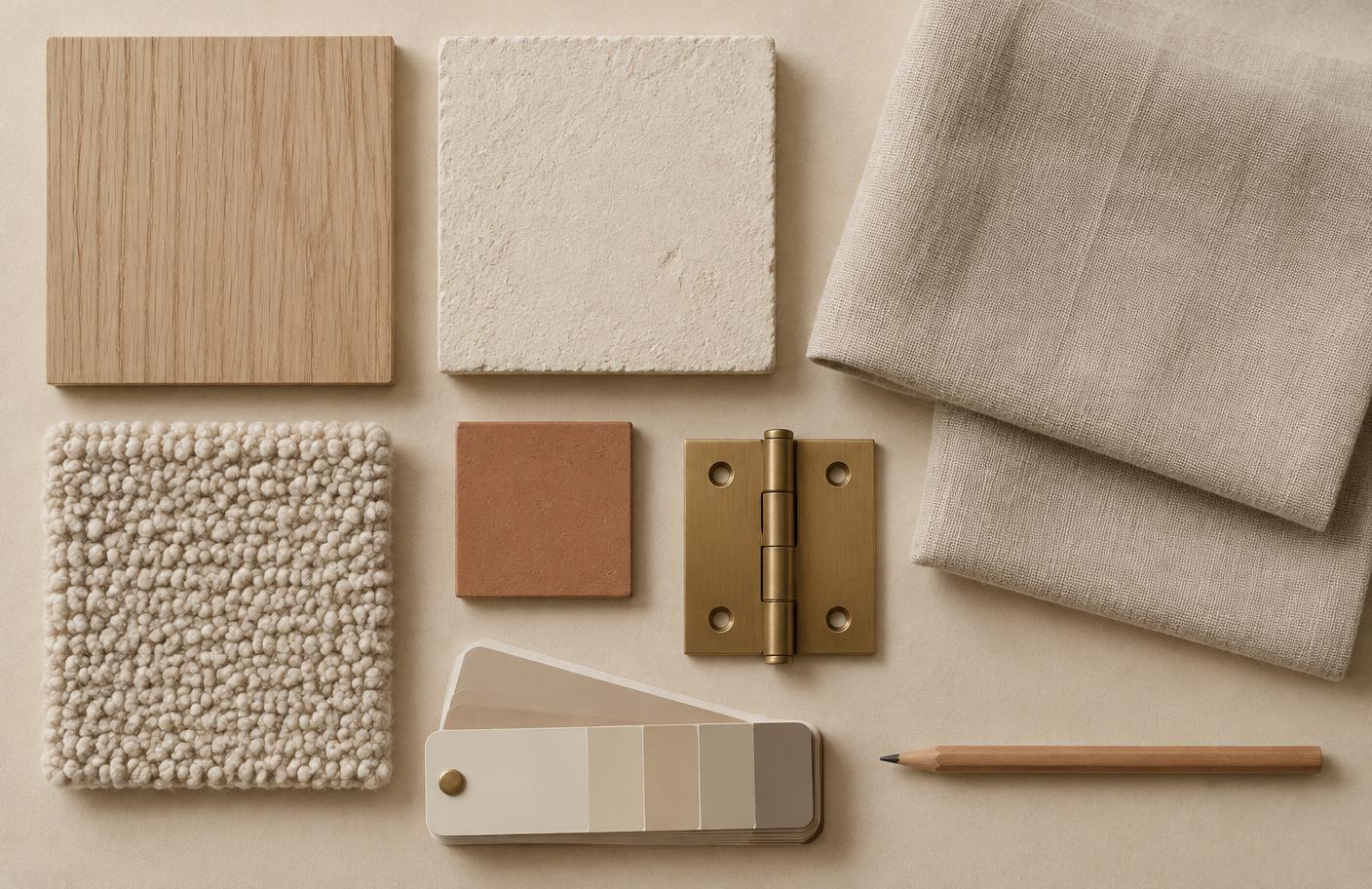 Materiaalstaal van eiken, pleister, linen en een terracotta kleurkaart