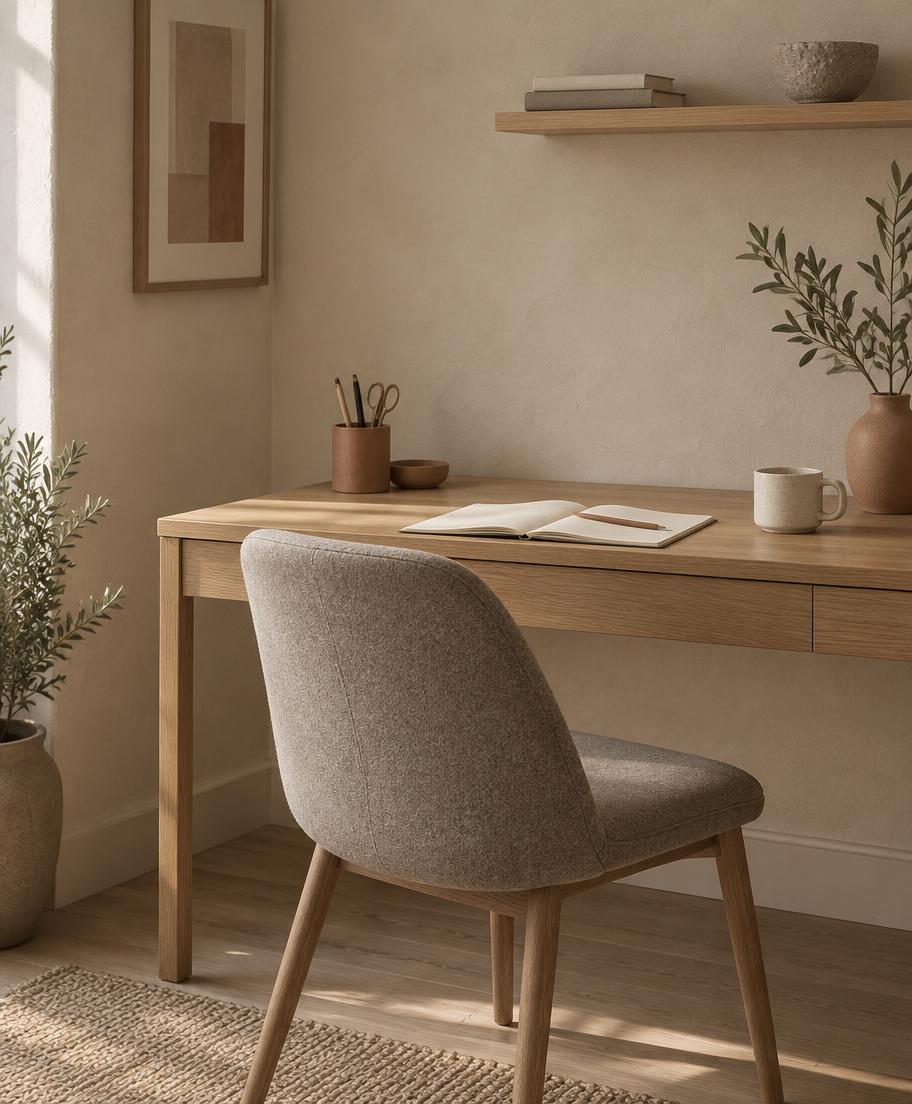 Thuiswerkplek met een eiken bureau en een vilten stoel