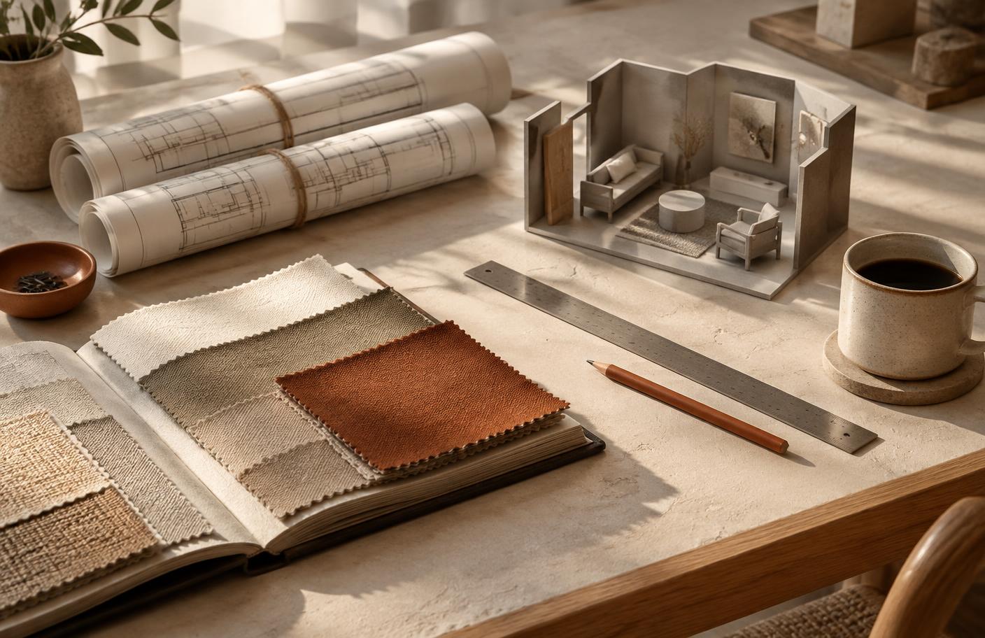 Werktafel met opgerolde plattegronden, een staalenboek en een schaalmodel